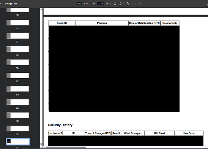 Exhibit A: 830 pages of “elite” redaction. A giant black rectangle manually placed over thousands of SteamIDs, emails, and personal data points. Too bad they forgot to delete the text underneath.