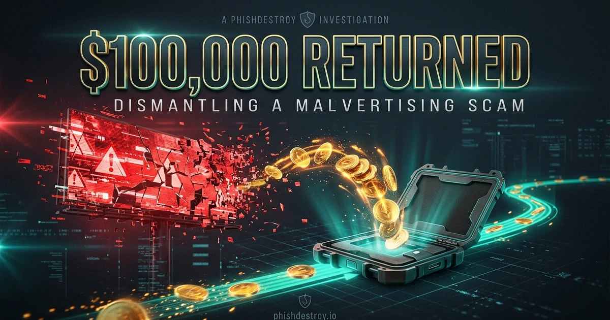 Editorial illustration: $100K Returned — Malvertising Scam Foiled