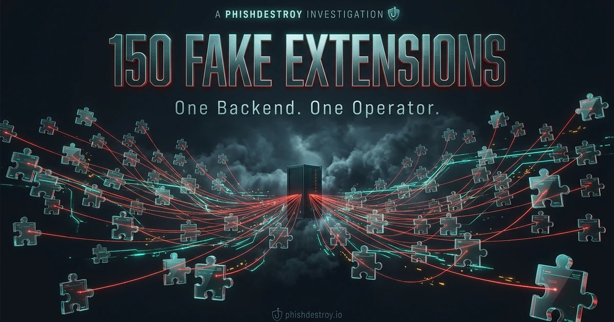 Editorial illustration: 150+ Fake Mozilla Extensions — One Backend & Paid Media