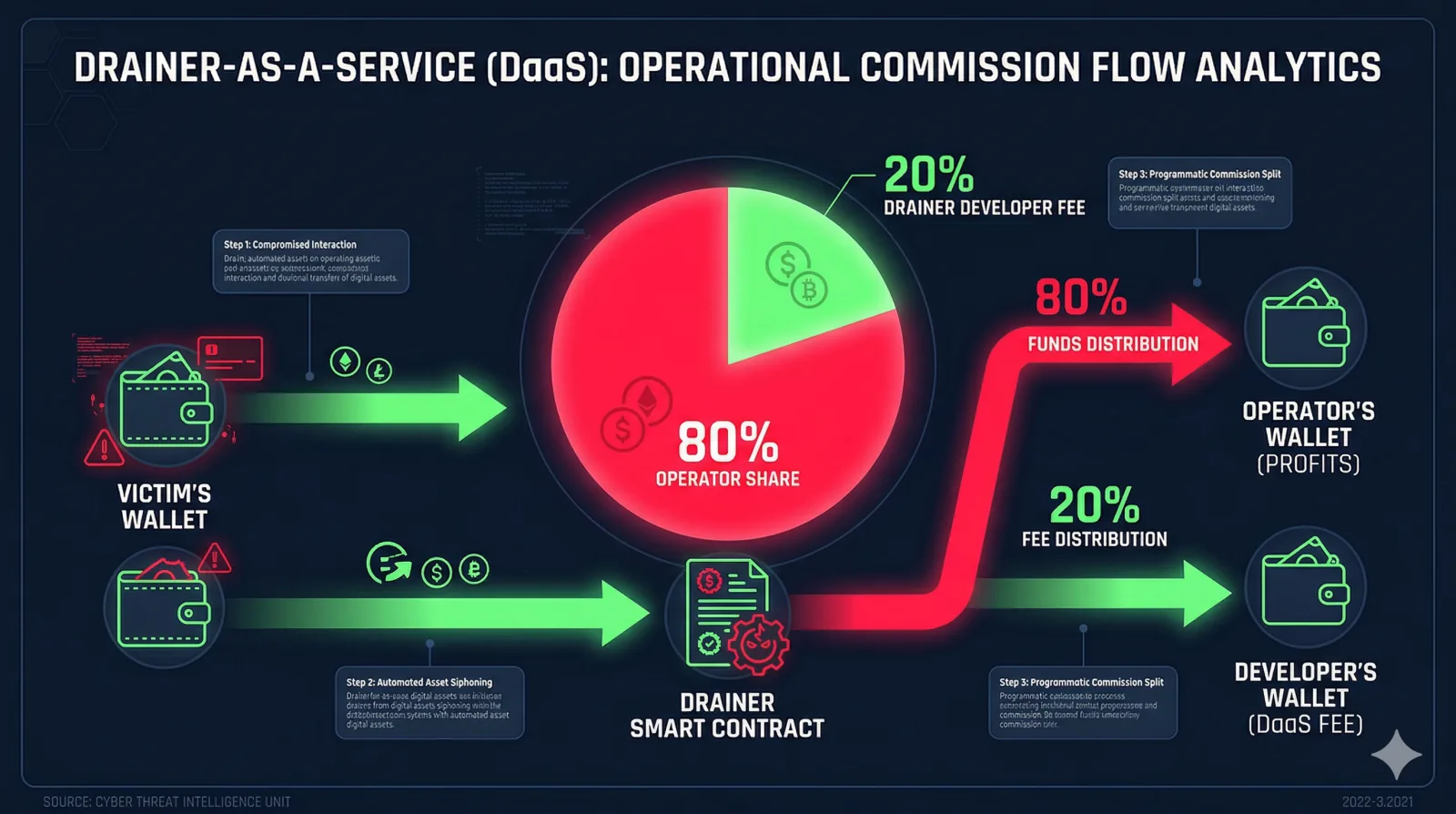 “Drainer-as-a-Service” hizmetinin operasyonel komisyon akışı: Kurbanın cüzdanından akıllı sözleşme aracılığıyla operatöre %80, geliştiriciye %20 ücret