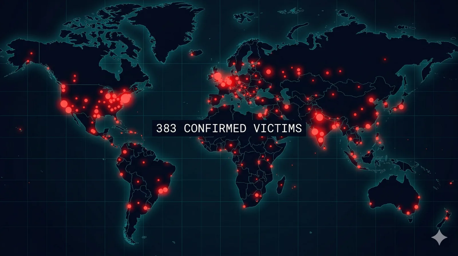 World map showing 383 confirmed gambling scam victims across multiple continents