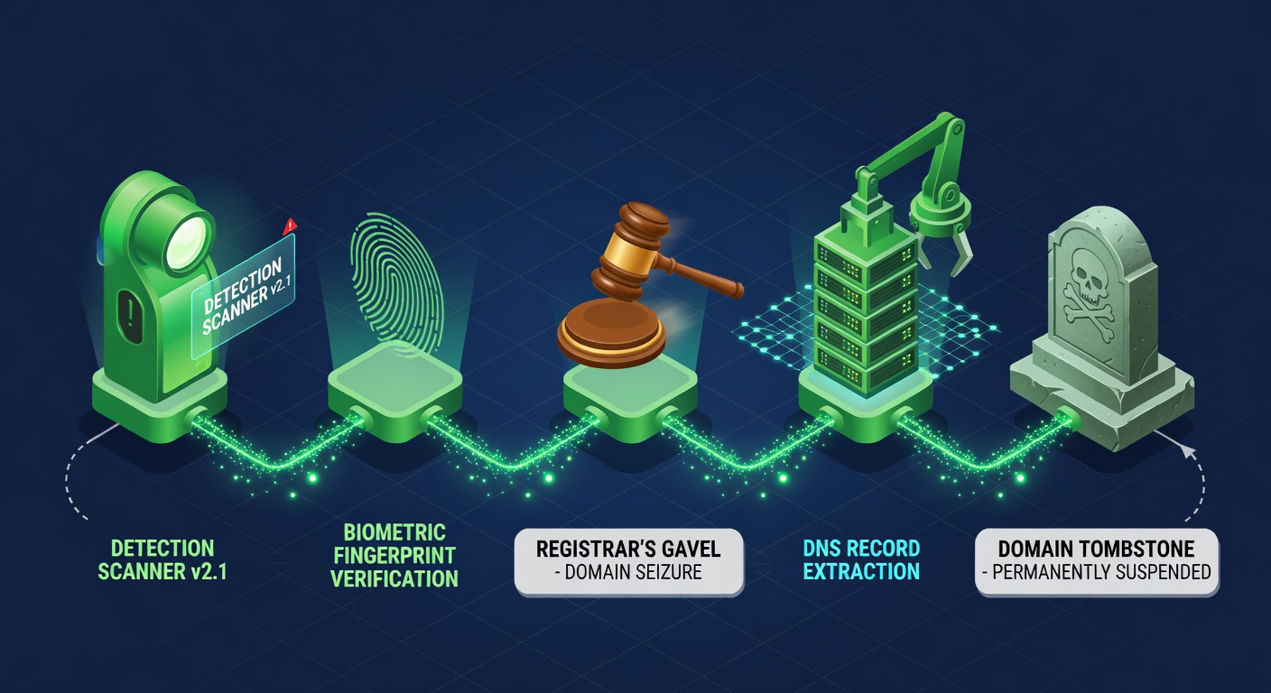 Takedown anatomy — detection scanner, biometric verification, registrar gavel, DNS extraction, domain tombstone