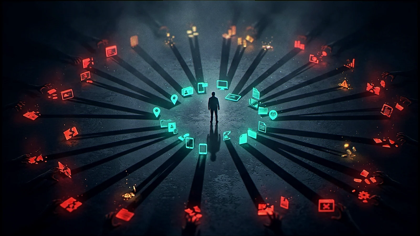 Editorial illustration: Personal digital footprint scattered across services, trackers and data brokers