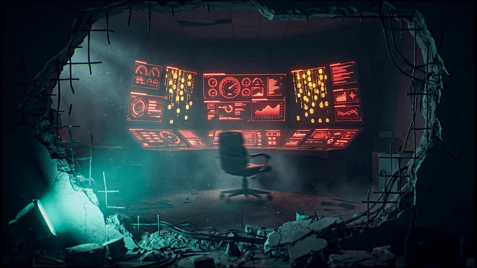 Editorial illustration: Interior of a drainer operator control room exposed during investigation