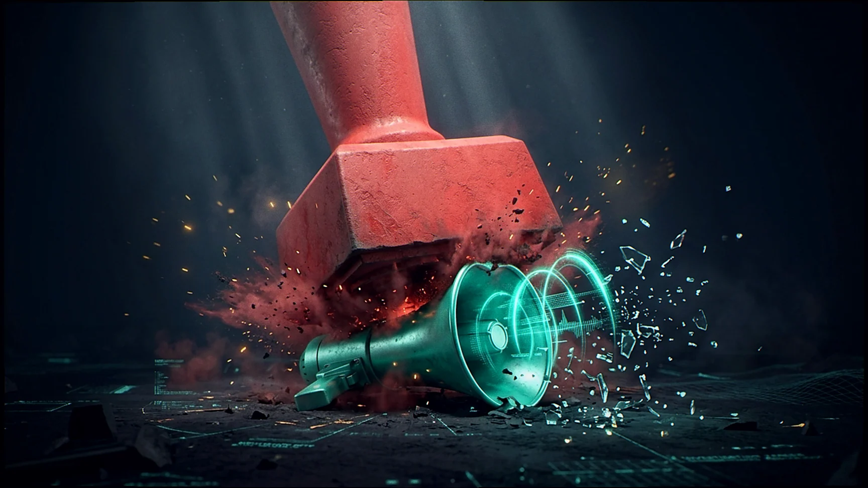 Illustratie: A megaphone crushed by a red ABUSE REPORT rubber stamp
