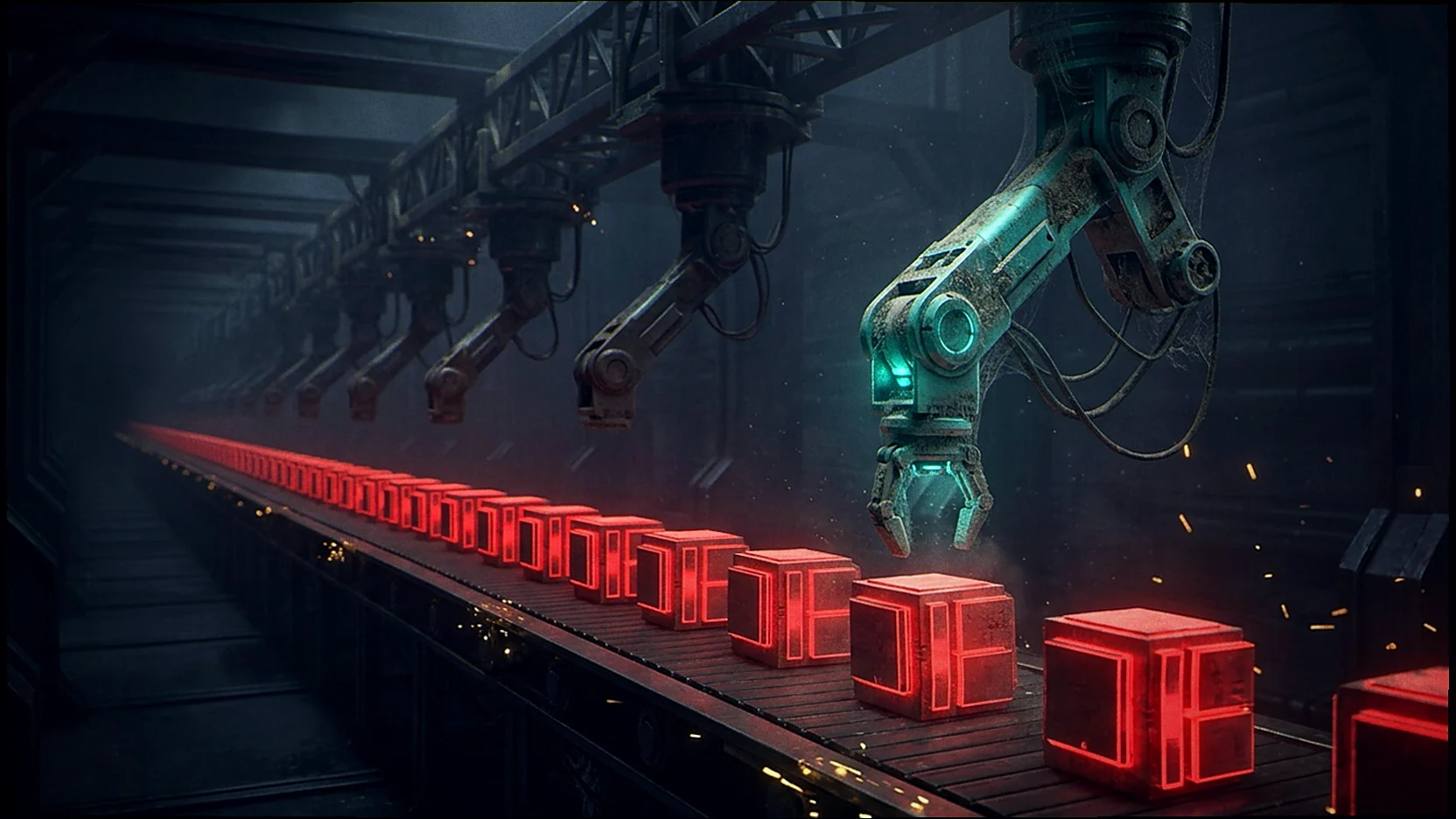 Editorial illustration: A continuous production line of malicious domains passing unchecked inspection points