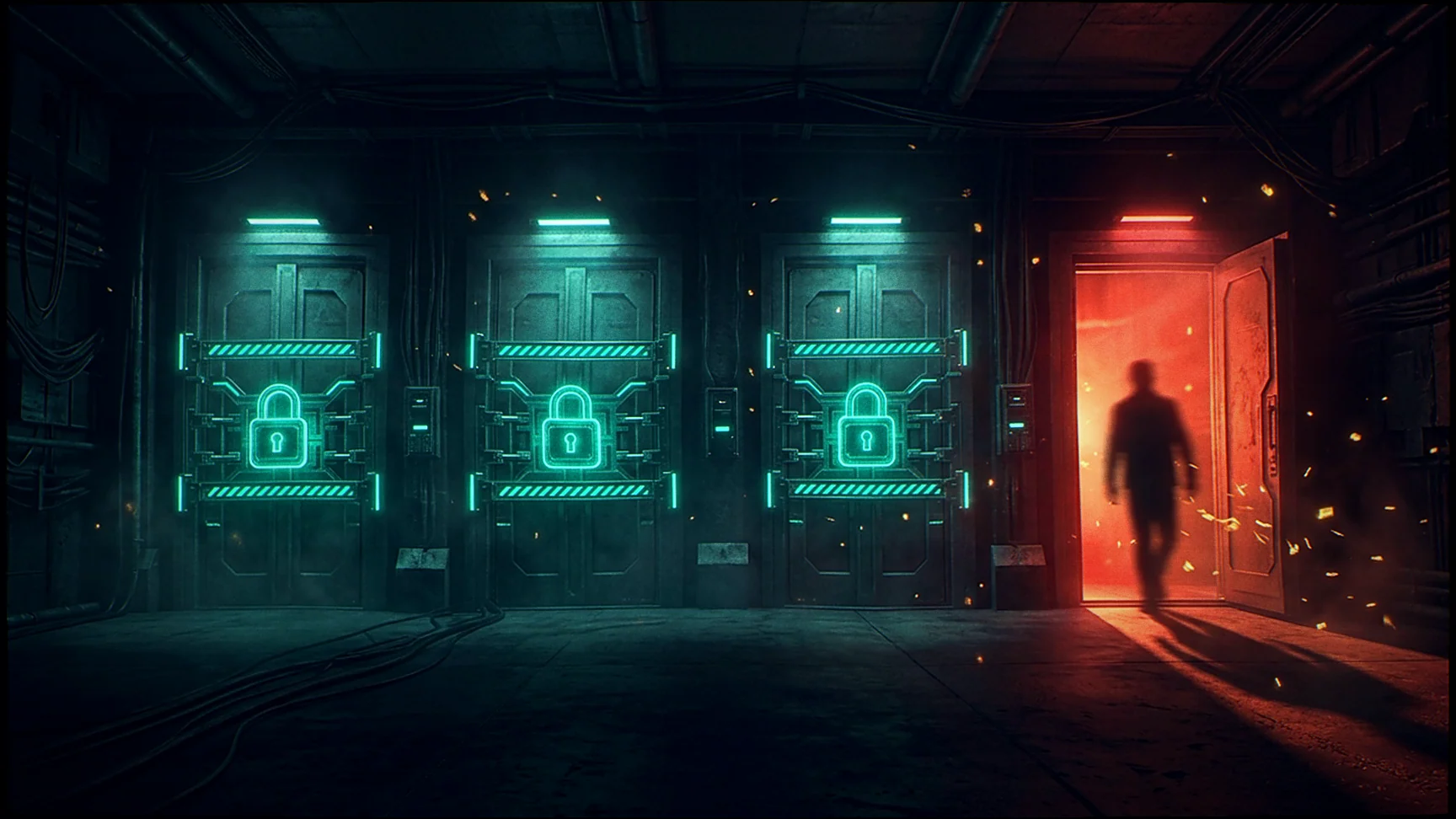 Illustratie: Three locked doors representing suspended registrars and one open door representing NameSilo's refusal to act