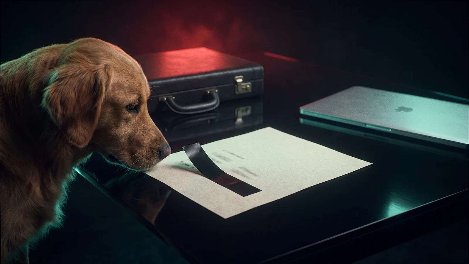 A dog discovers a loose redaction strip on a private document