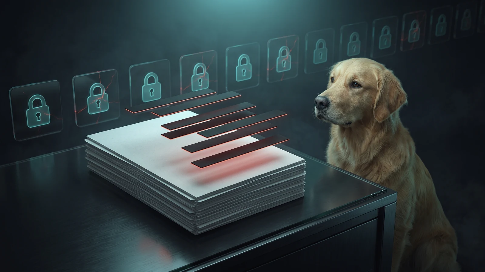 A dog examines a case file with lifted redaction strips