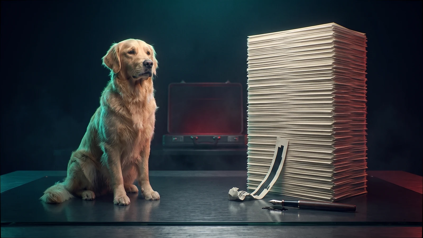 A dog beside a large legal file with a failed redaction