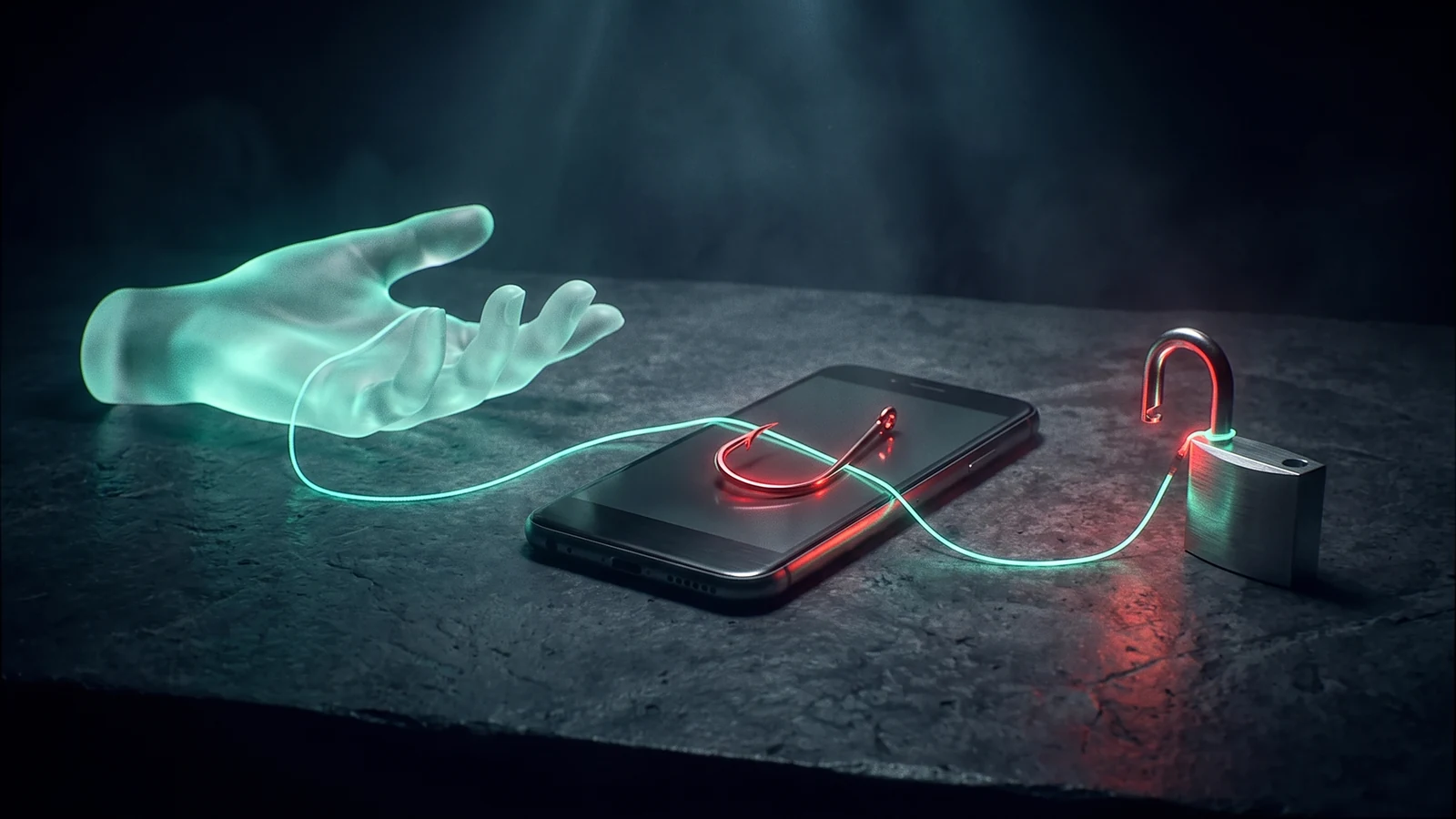 An aid lure leading through a phishing phone to a compromised account