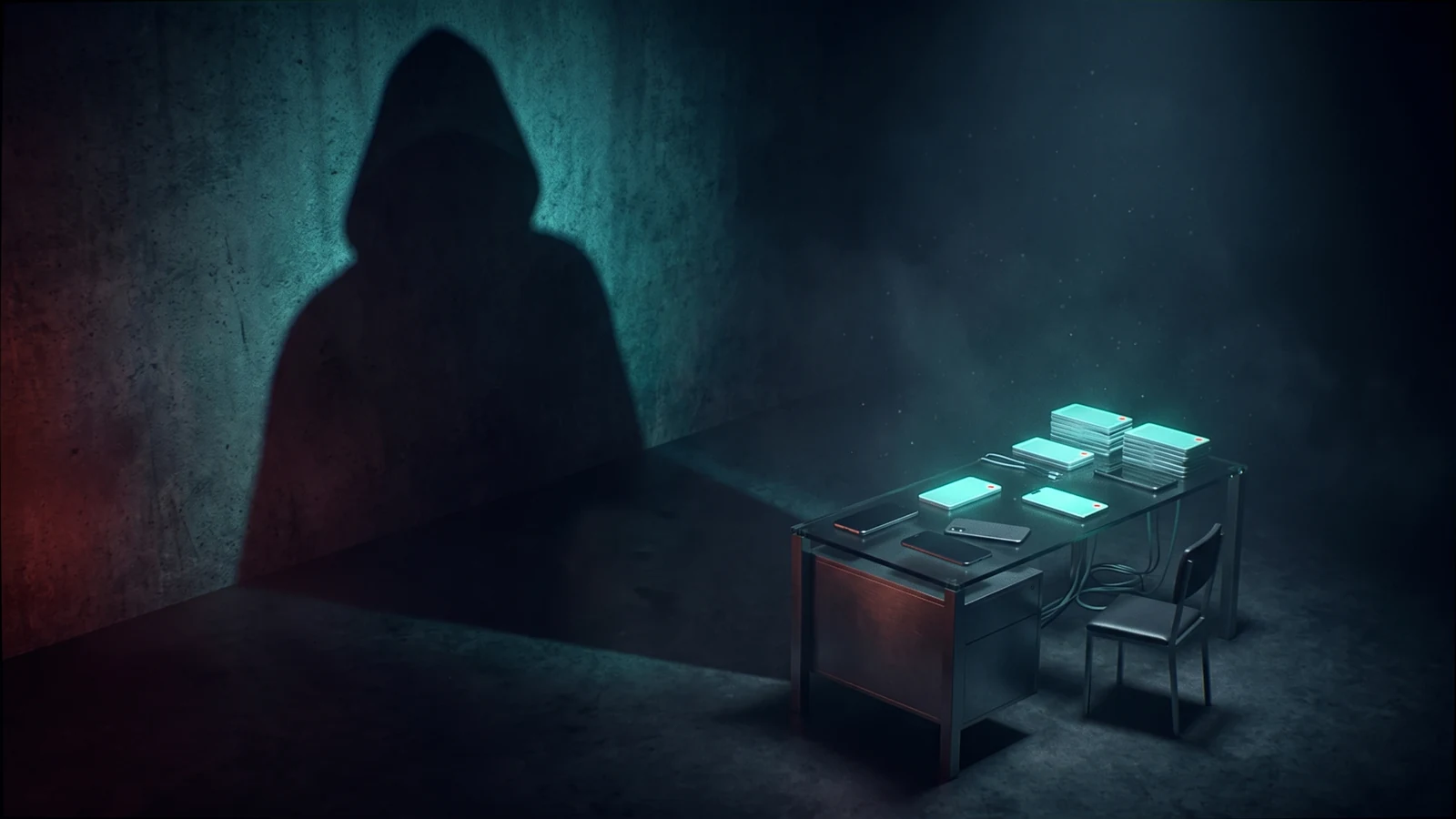 A dramatic hacker shadow contrasted with an ordinary scam workstation