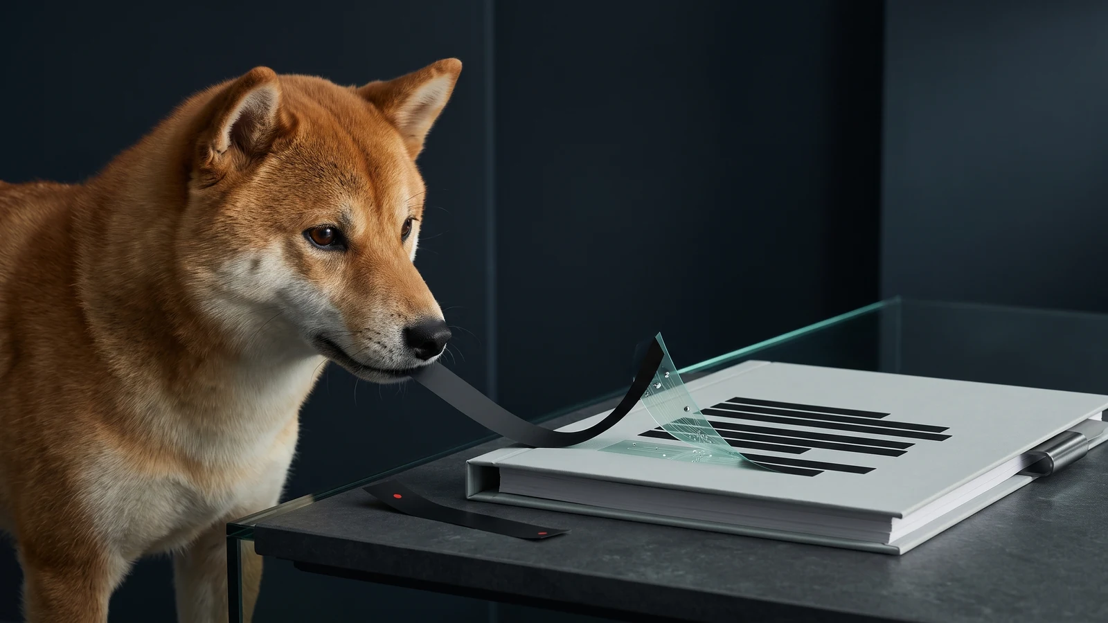 A Shiba Inu lifting a redaction strip to reveal hidden data in a document