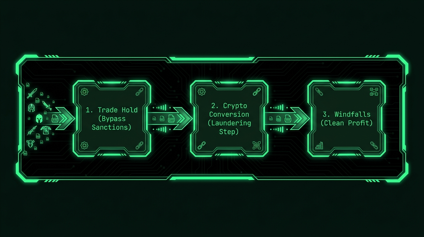 Money laundering pipeline: Trade Hold (Bypass Sanctions) → Crypto Conversion (Laundering Step) → Windfalls (Clean Profit)