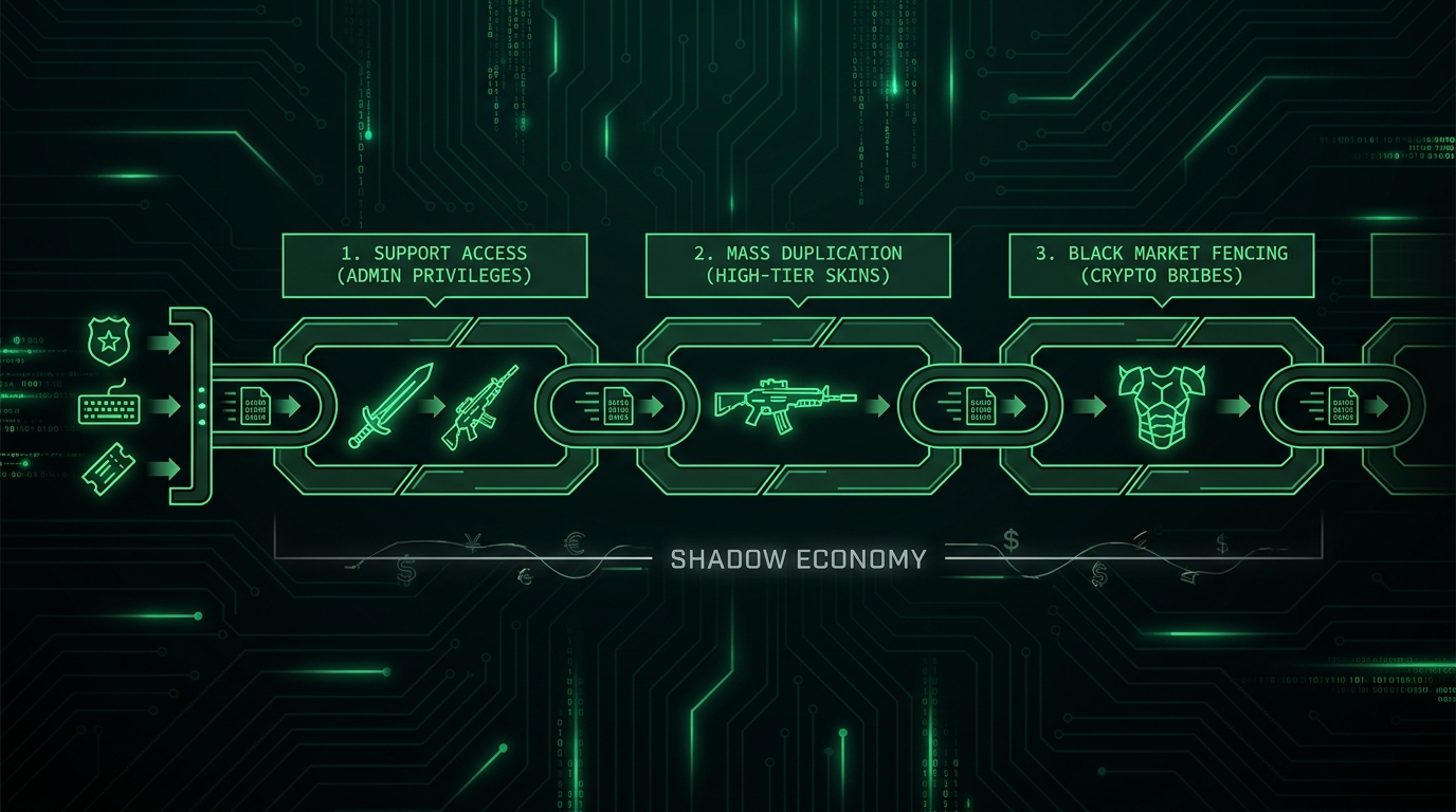 Steam Support corruption pipeline: Support Access (Admin Privileges) → Mass Duplication (High-Tier Skins) → Black Market Fencing (Crypto Bribes) → Shadow Economy