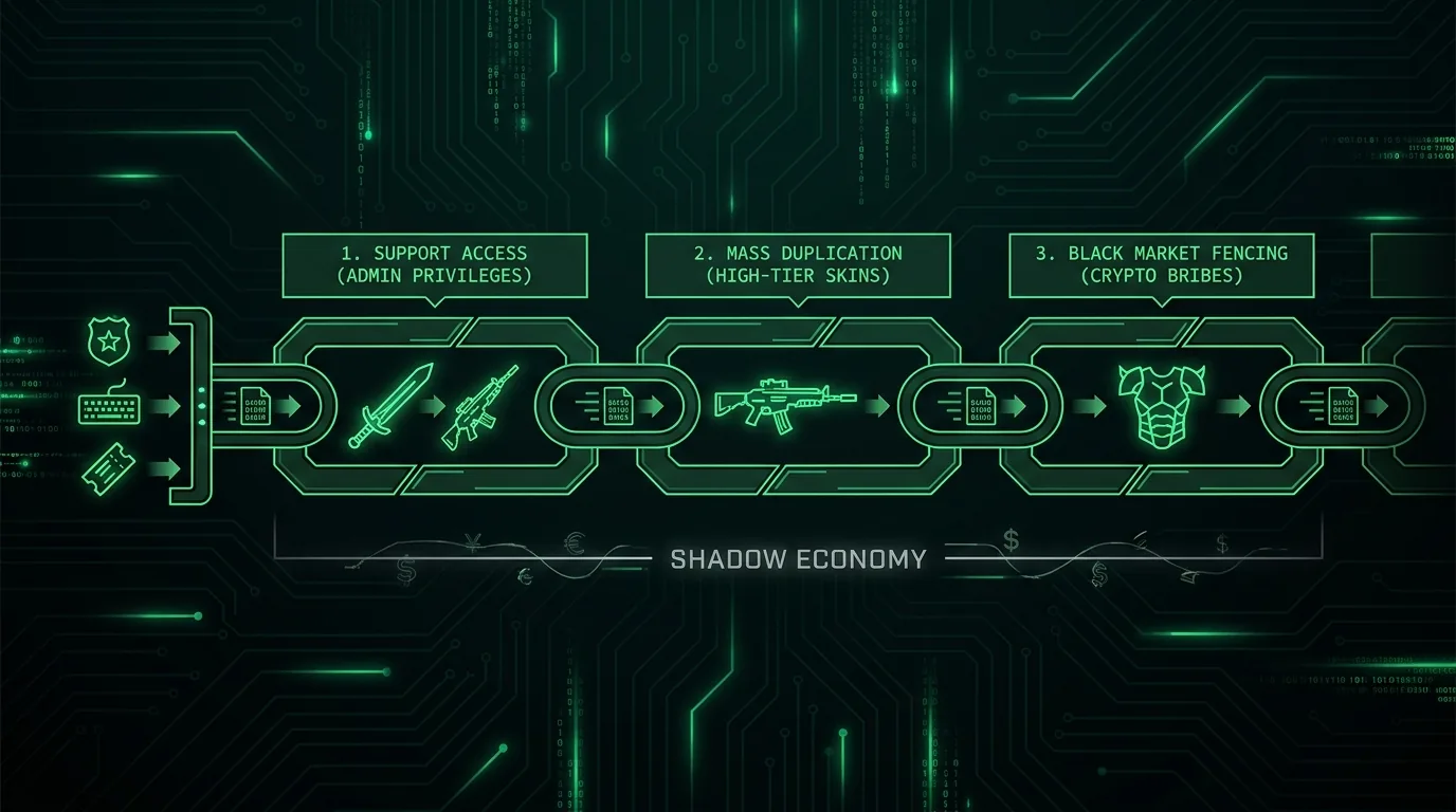 Steam Support corruption pipeline: Support Access (Admin Privileges) → Mass Duplication (High-Tier Skins) → Black Market Fencing (Crypto Bribes) → Shadow Economy