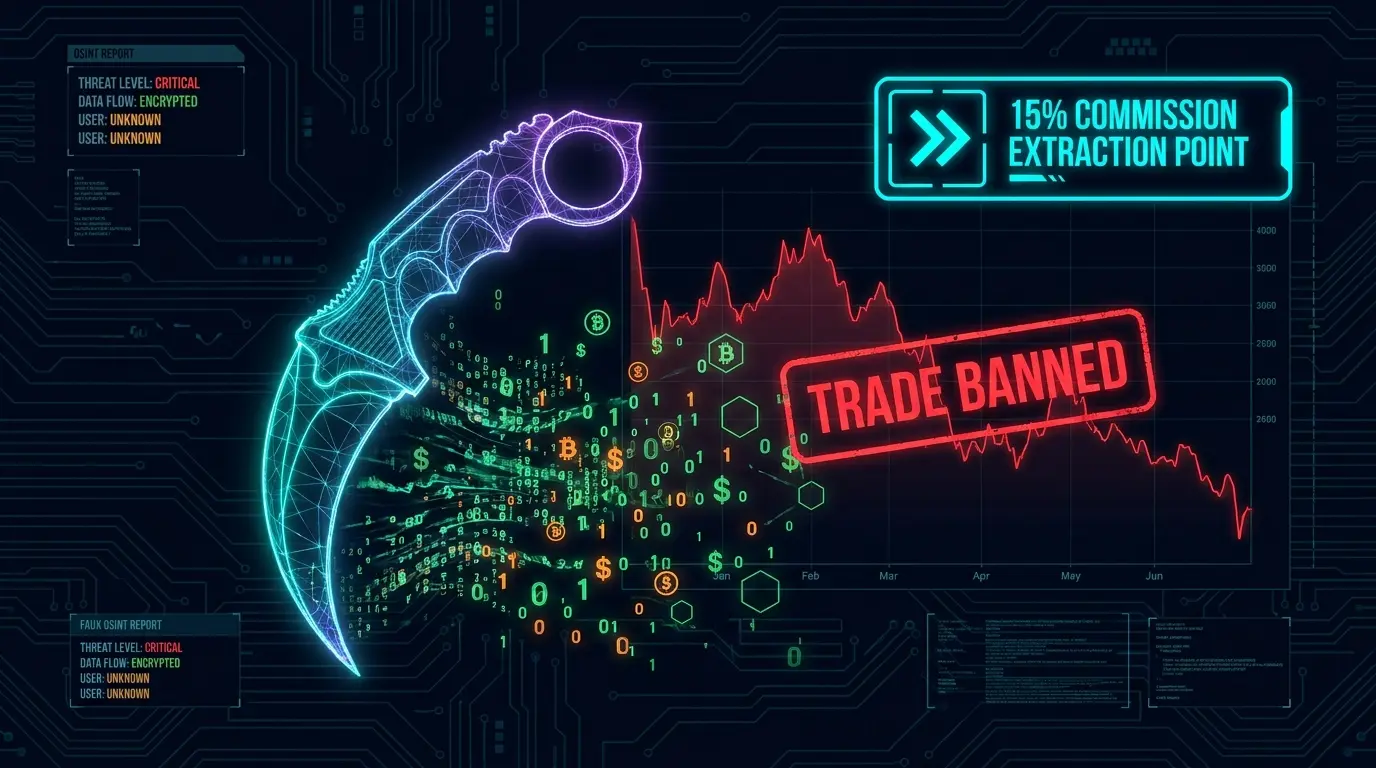 Editorial illustration of a trade-banned account feeding digital assets into a market marked with a 15 percent commission