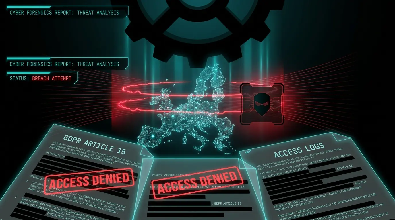 Editorial illustration of an EU resident requesting GDPR Article 15 access logs after a breach