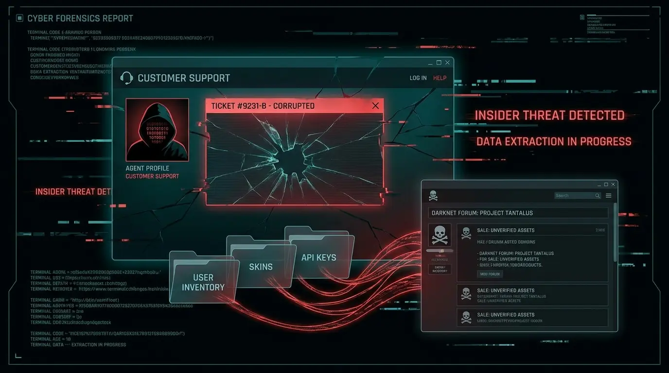 Editorial illustration of a compromised customer-support interface leaking account data toward an underground forum