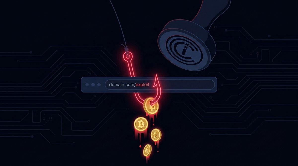 A phishing URL rubber-stamped by an accreditation seal while crypto bleeds out — the ICANN enforcement gap