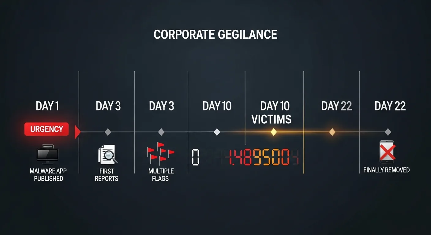 Corporate negligence timeline: Day 1 malware published, Day 3 first reports, Day 3 multiple flags, Day 10 zero action with 1,489,500 victims exposed, Day 22 finally removed