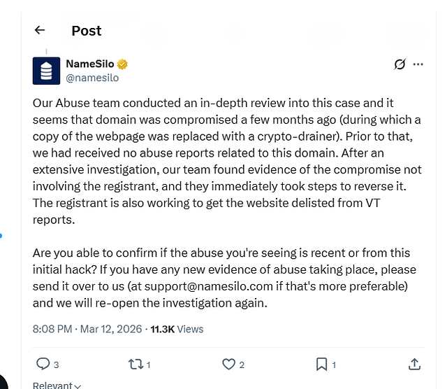 Déclaration publique de NameSilo sur X (Twitter) défendant l'opérateur de xmrwallet.com, qui affirme que le domaine a été piraté