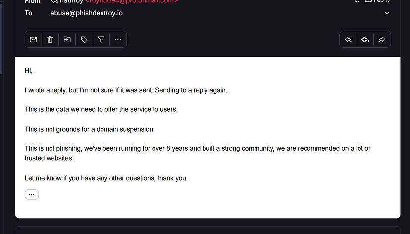 Réponse par e-mail de l'opérateur de xmrwallet affirmant qu'il ne s'agit pas d'une tentative d'hameçonnage et que le service fonctionne depuis 8 ans