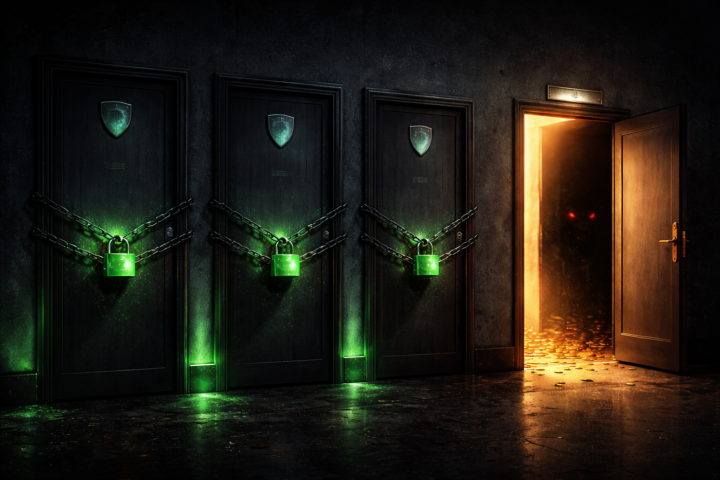 Trois portes verrouillées symbolisant les registraires suspendus et une porte ouverte symbolisant le refus de NameSilo d'agir