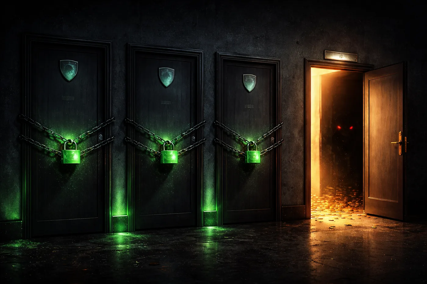 Three locked doors representing suspended registrars and one open door representing NameSilo's refusal to act