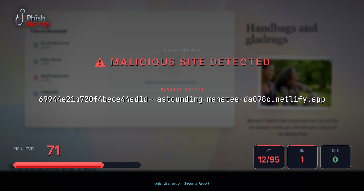 69944e21b720f4bece44ad1d--astounding-manatee-da098c.netlify.app phishing report — threat analysis by PhishDestroy