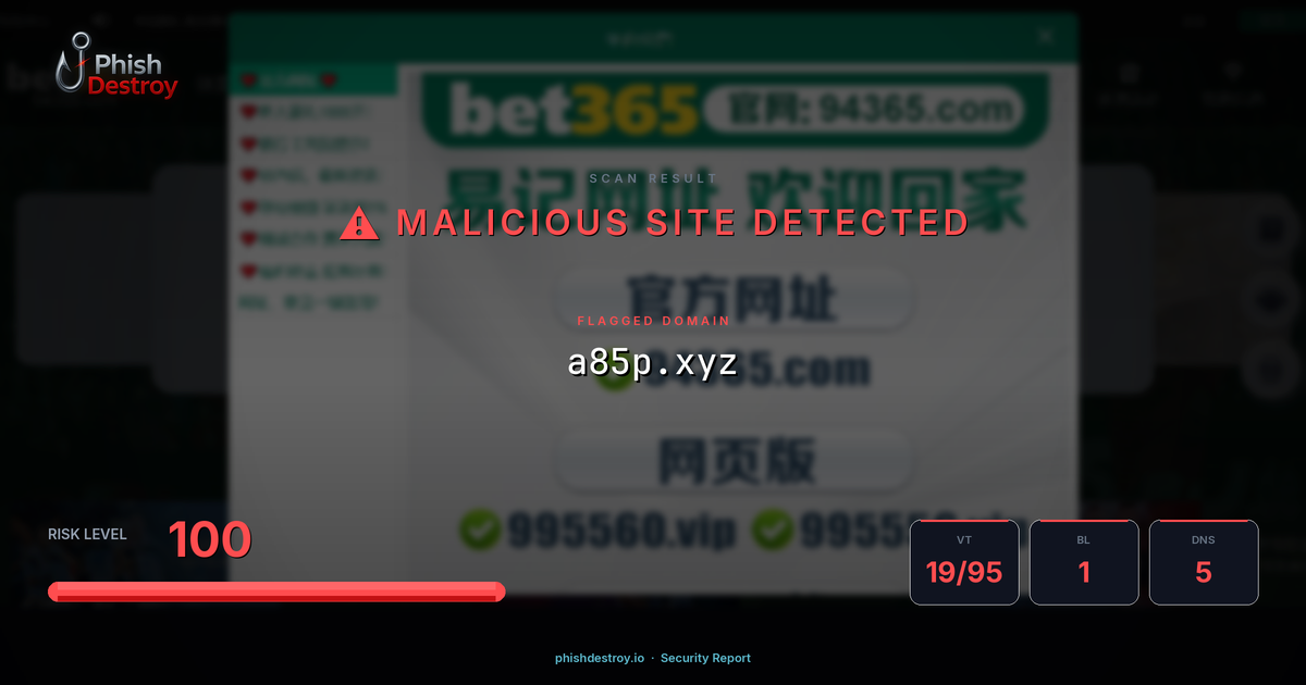 a85p.xyz phishing report — threat analysis by PhishDestroy