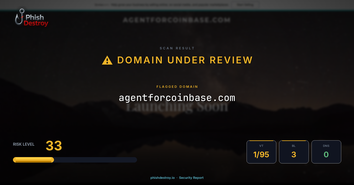 agentforcoinbase.com phishing report — threat analysis by PhishDestroy