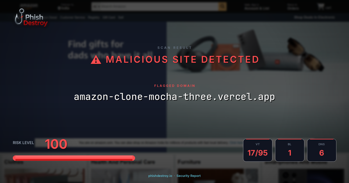 amazon-clone-mocha-three.vercel.app phishing report — threat analysis by PhishDestroy