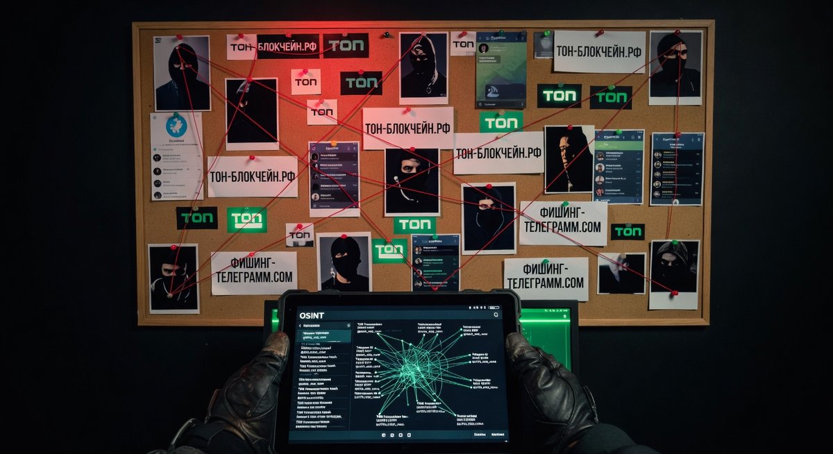 OSINT investigation board — Russian-TON scam operators
