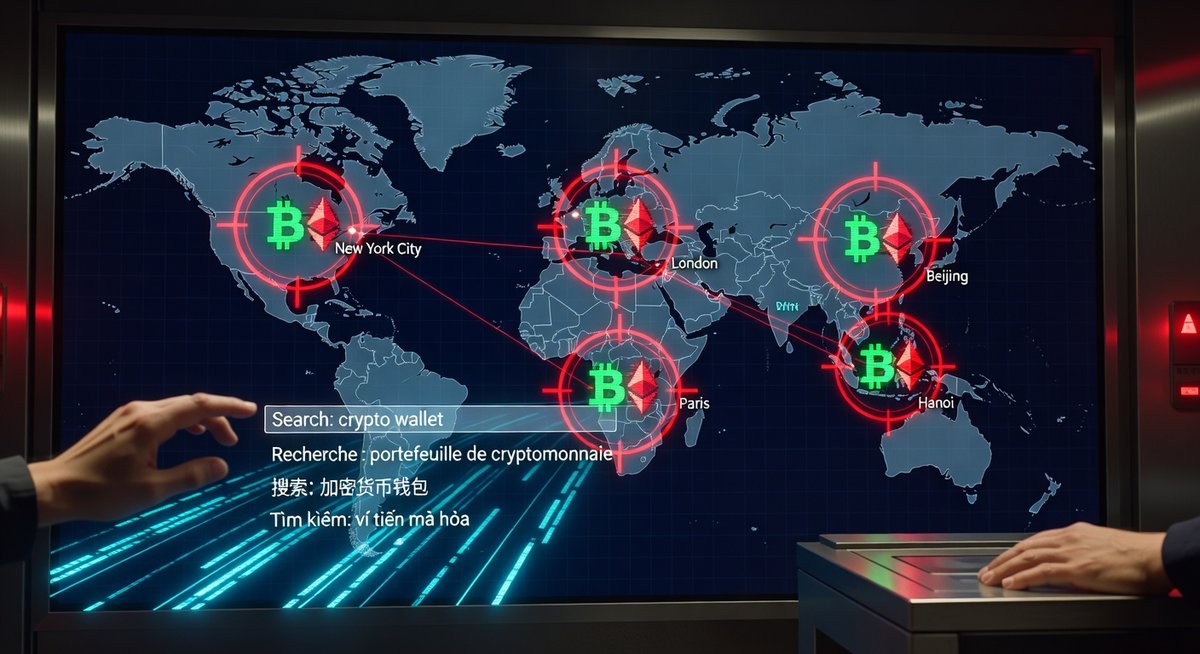 仮想通貨詐欺師による多言語キーワードターゲティングを示す世界地図