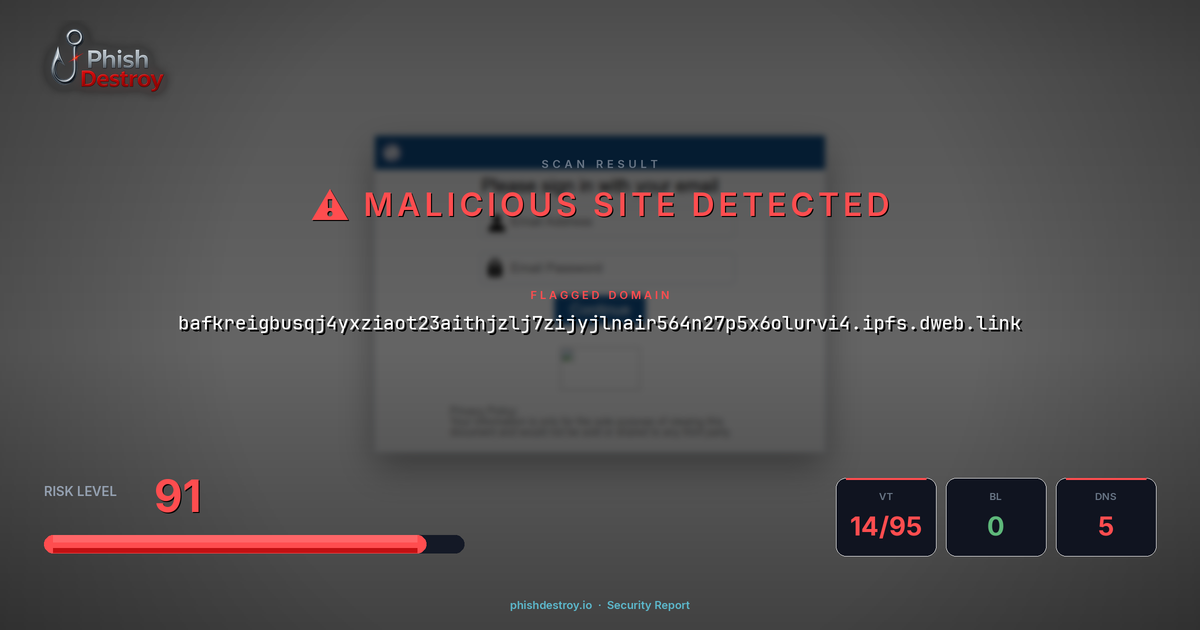 bafkreigbusqj4yxziaot23aithjzlj7zijyjlnair564n27p5x6olurvi4.ipfs.dweb.link phishing report — threat analysis by PhishDestroy