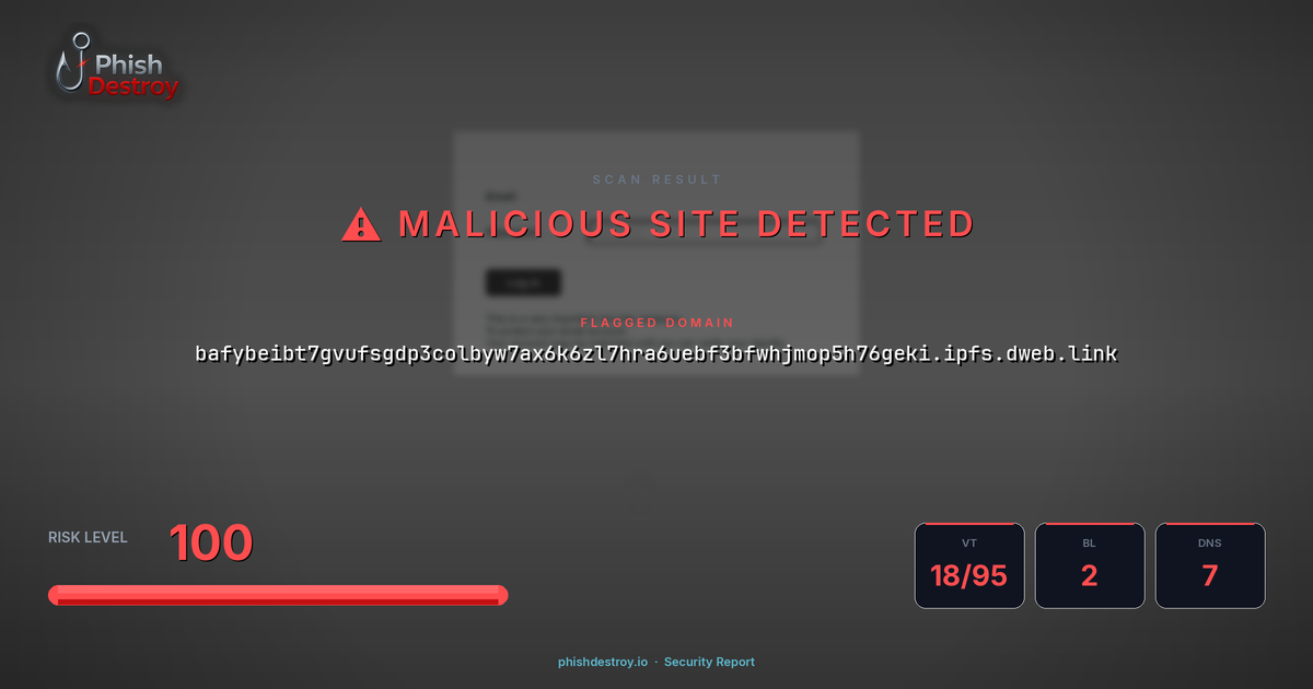 bafybeibt7gvufsgdp3colbyw7ax6k6zl7hra6uebf3bfwhjmop5h76geki.ipfs.dweb.link phishing report — threat analysis by PhishDestroy