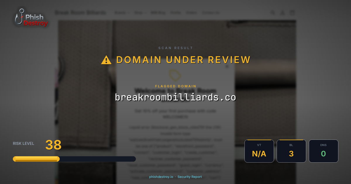 breakroombilliards.co phishing report — threat analysis by PhishDestroy