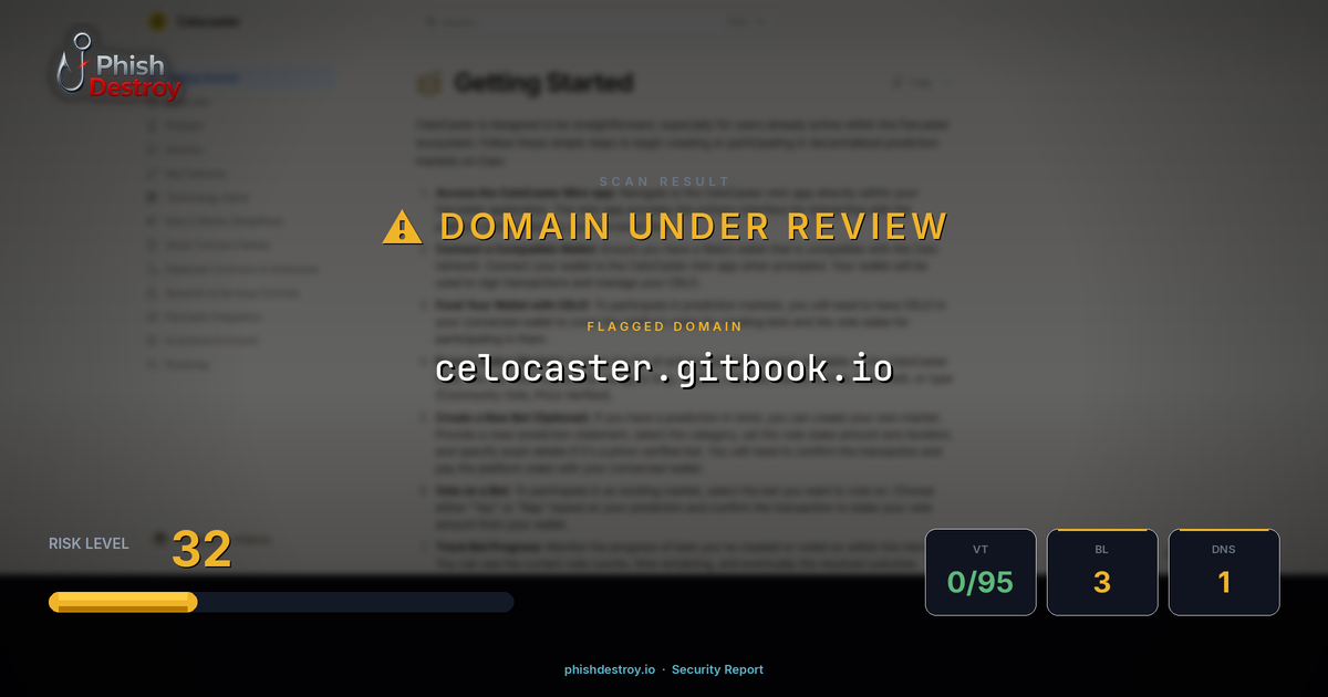 celocaster.gitbook.io phishing report — threat analysis by PhishDestroy