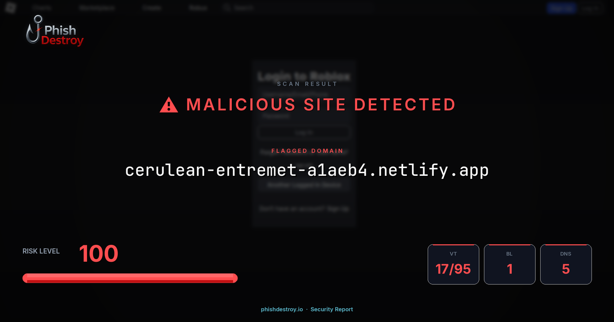 cerulean-entremet-a1aeb4.netlify.app phishing report — threat analysis by PhishDestroy