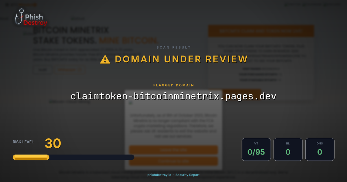 claimtoken-bitcoinminetrix.pages.dev phishing report — threat analysis by PhishDestroy