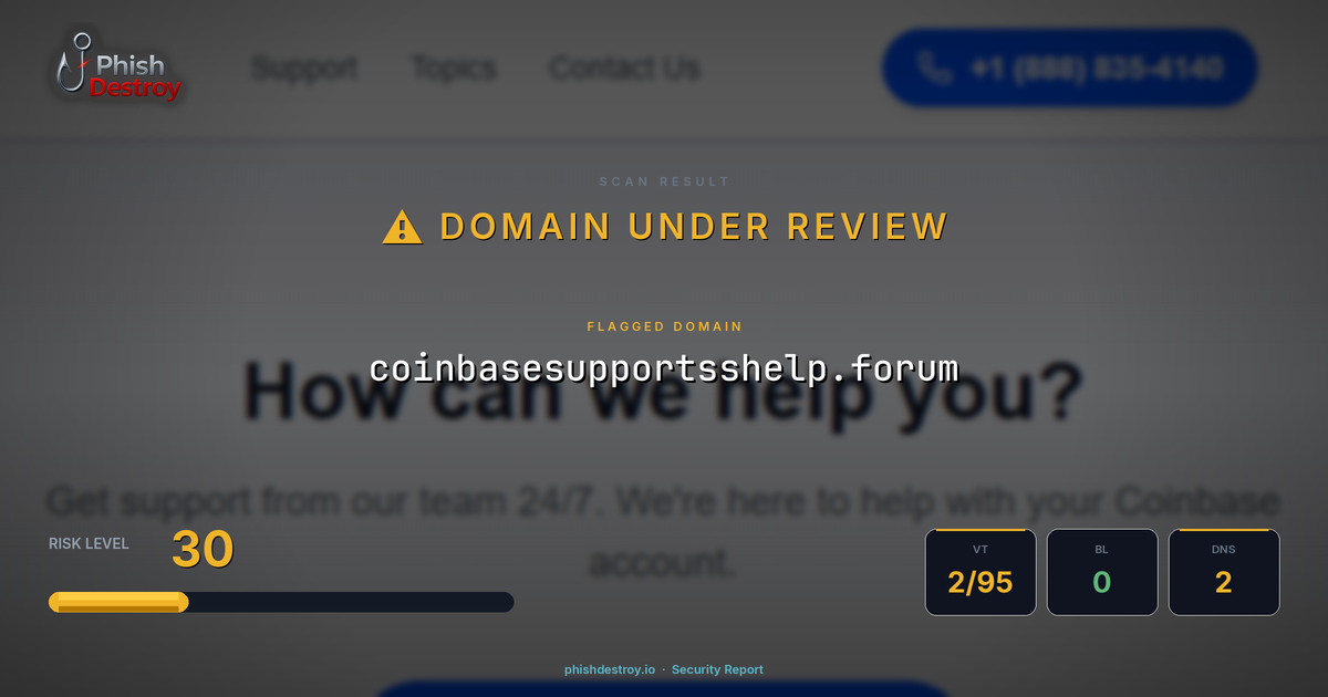 coinbasesupportsshelp.forum phishing report — threat analysis by PhishDestroy