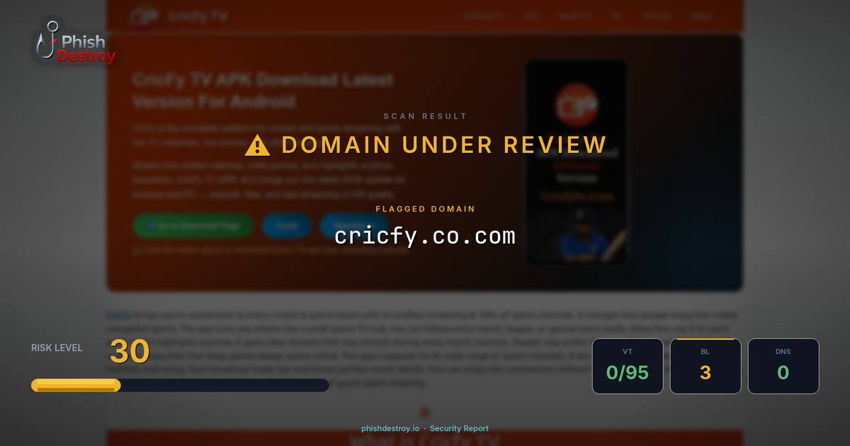 cricfy.co.com phishing report — threat analysis by PhishDestroy