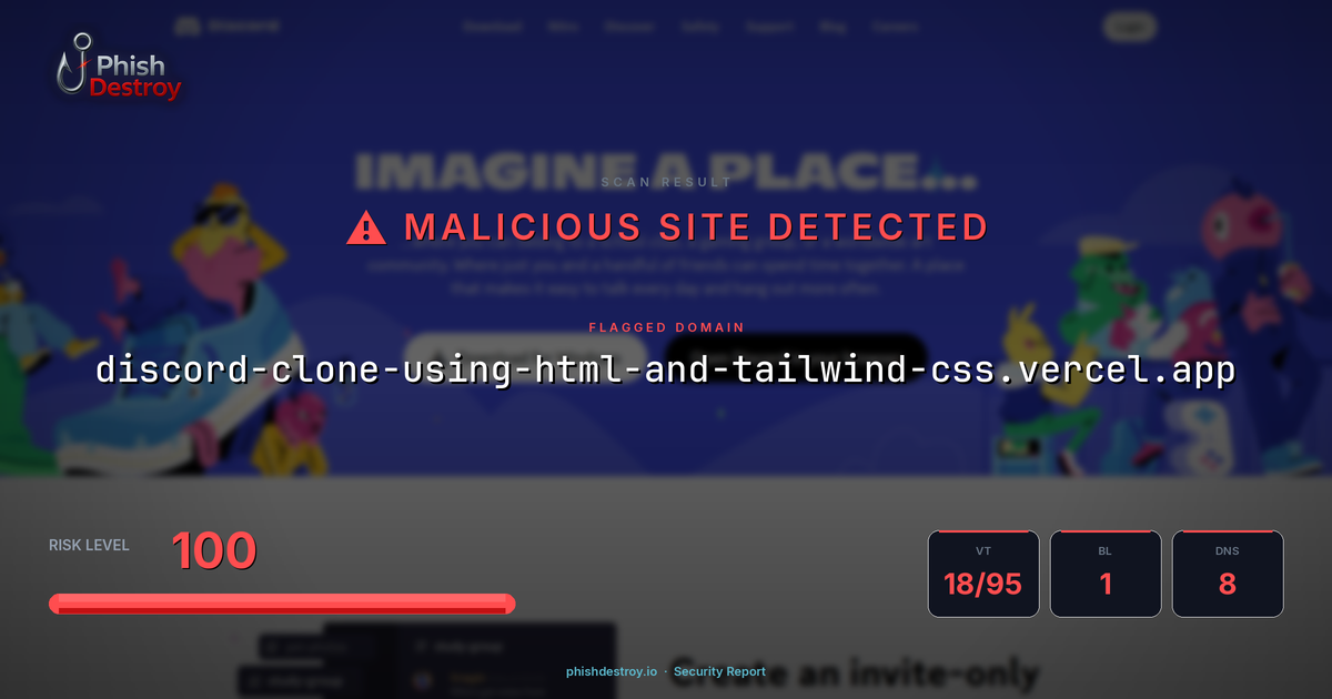 discord-clone-using-html-and-tailwind-css.vercel.app phishing report — threat analysis by PhishDestroy