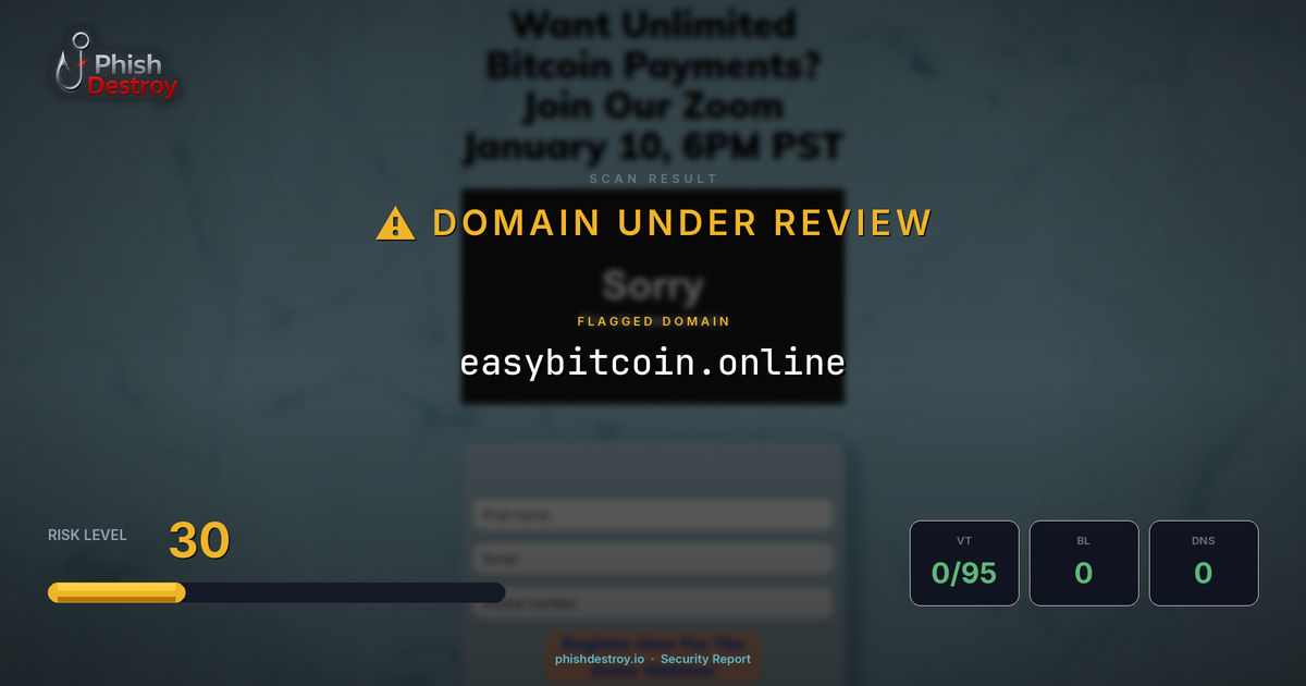 easybitcoin.online phishing report — threat analysis by PhishDestroy