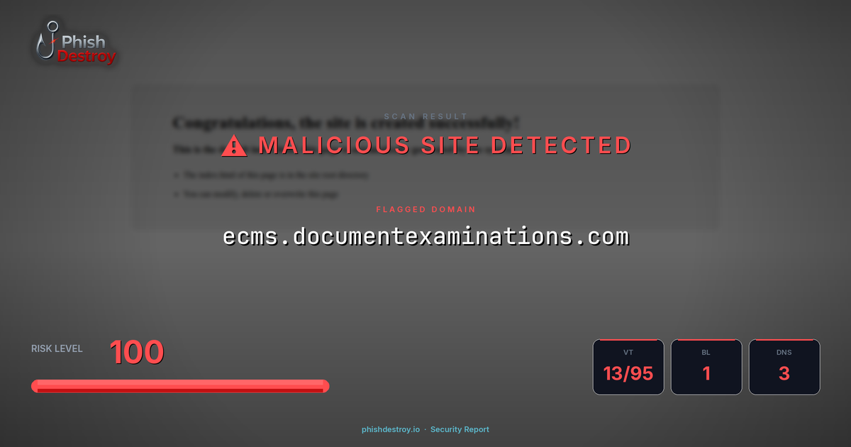 ecms.documentexaminations.com phishing report — threat analysis by PhishDestroy
