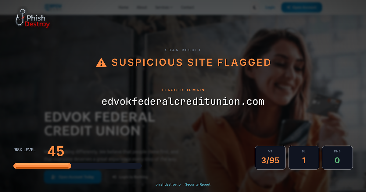 edvokfederalcreditunion.com phishing report — threat analysis by PhishDestroy