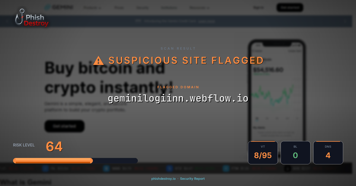 geminilogiinn.webflow.io phishing report — threat analysis by PhishDestroy