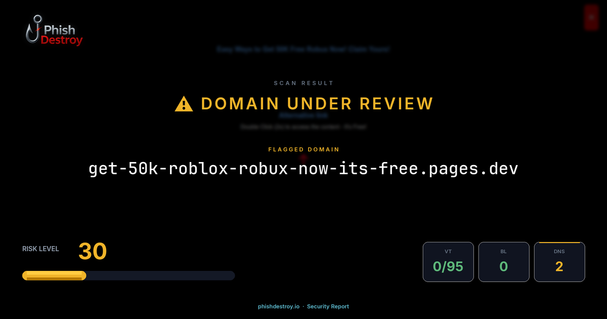 get-50k-roblox-robux-now-its-free.pages.dev phishing report — threat analysis by PhishDestroy