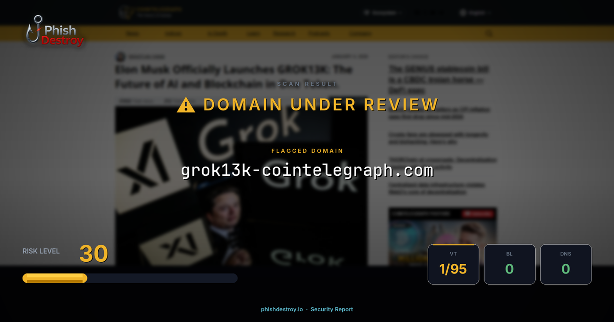 grok13k-cointelegraph.com phishing report — threat analysis by PhishDestroy